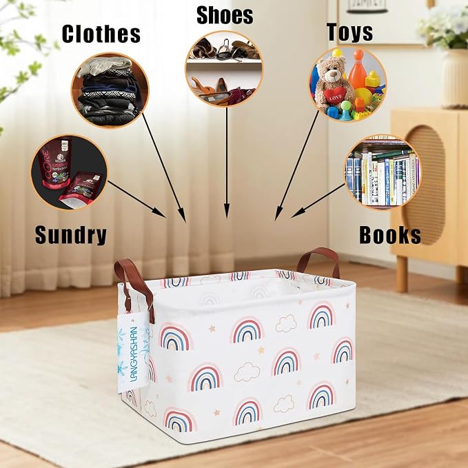 Rectangular Collapsible Cloud Rainbow Storage Basket Nursery Organizer | Storage Bin Foldable Canvas with Handles for Organizing Home Kitchen Children Toys Office Closet Shelf Baskets