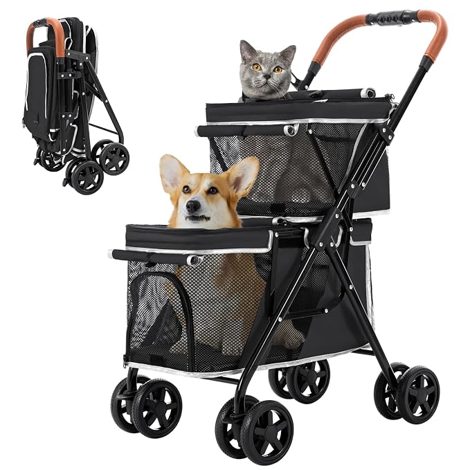 Double Pet Stroller for 2 Dogs & Cats, Double-Decker, Black | One-Hand Fold Two-Tier Stroller with Separate Cabins, 44 lb Capacity, 4 Tethers, Locking Front Wheels and Rear Brakes