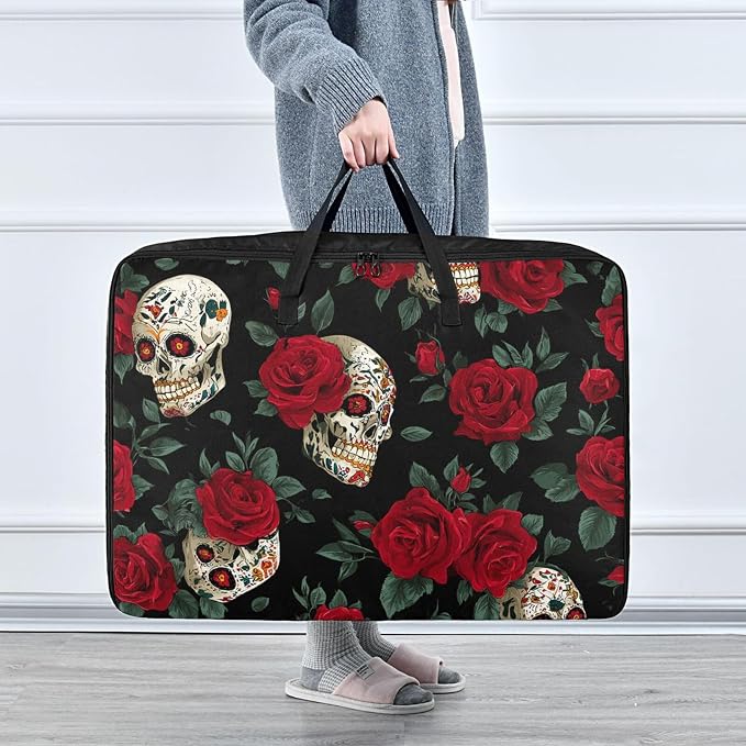 Comforter Storage Bags Large Folding Blanket Organizer Bag with Strong Handles Clear Window Closet Storage Containers for Clothes King Queen Pillows Bedding Quilt Duvet Black Skulls Roses Elega