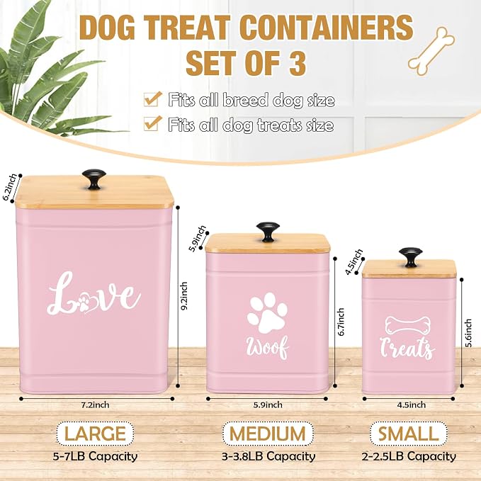Jingmore Metal Dog Treat Containers Set of 3 with Bamboo Lids and Spoon Airtight 7+3+2 lbs Dog Food Snack Jars with DIY Labels Big Pet Cookie Storage Jar for Kitchen Counter (Pink,Funny)