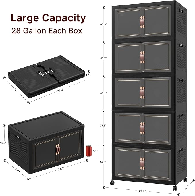 Stackable Storage Bins with Lids, 550QT Lockable Storage Cabinet | Closet Organizers, Foldable Storage Box with Doors and Wheels, Plastic Drawers for Home, Garage, Office (5, Black, Plus)