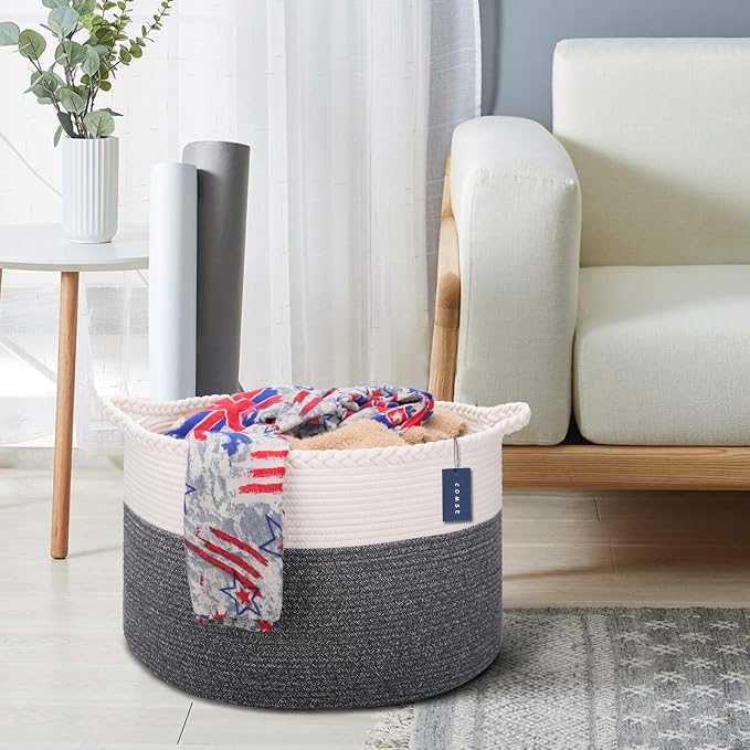 COMSE XXXLarge Woven Blanket & Laundry Basket, 87L, White & Black | 21.7" x 13.8", Cotton Rope, Nursery Hamper for Storage of Toys Clothes Towels, Ideal for Living Room Bedroom Bathroom
