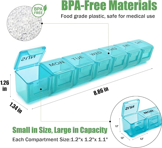 2 Pack Weekly Pill Organizer, Large 7 Day Pill Case, Daily Vitamin Case Medicine Box, AM/PM Pill Containers for Medicine Supplements Fish Oil (Blue & Green)