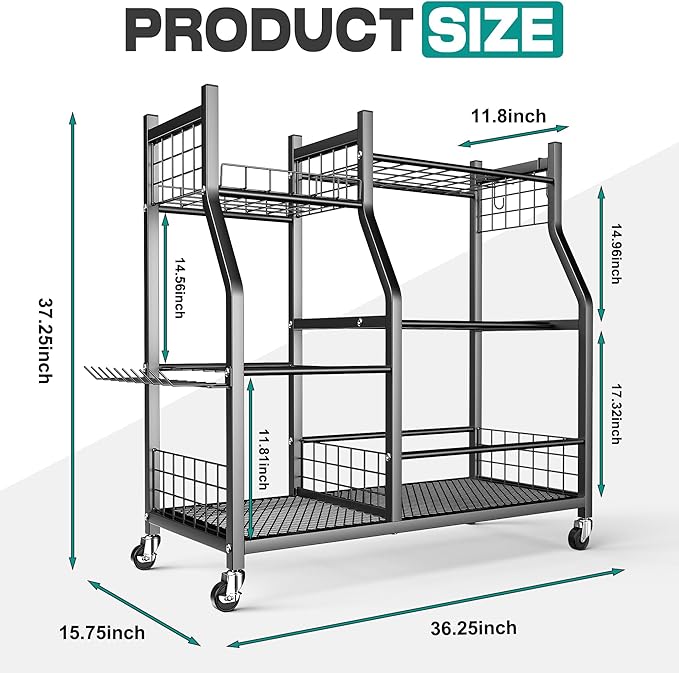 EVERHANGER Garden Tool Organizer Stand, Garage Tool Storage Organization | Yard Tool Racks with lockable wheels, Fit for Long-Handled Tools/Rakes/Brooms