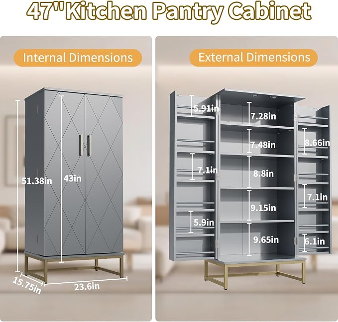 Saudism 51" Dog Food Storage Cabinet with Adjustable Shelves, Gray | Freestanding Pet Storage Container Organizer for Living Room and Dinning Room