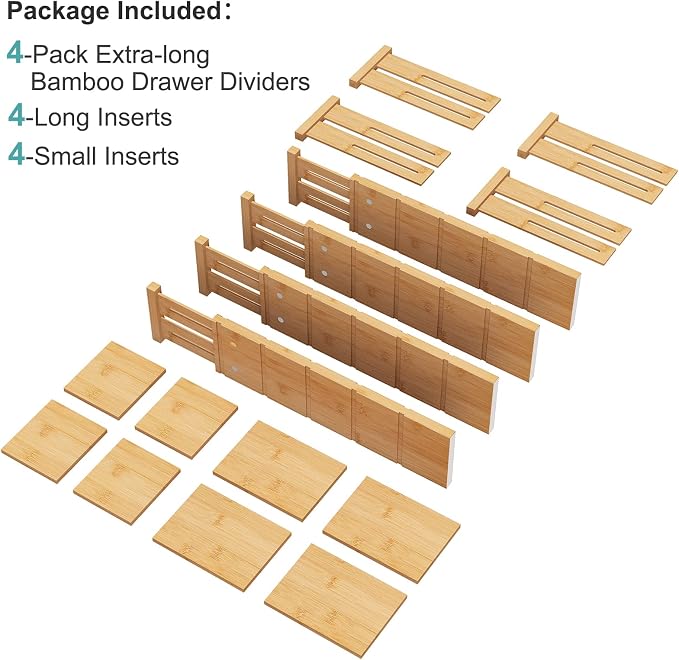 4.4" High Bamboo Drawer Dividers with Inserts, Kitchen Adjustable Drawer Organizers, Expandable Organization for Home, Office, Dressers, and Bathroom, 4 Divider with 8 Insert
