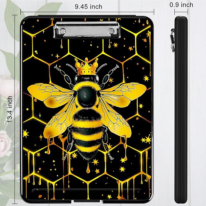 Bee Black Background A4 Clipboard with Storage Pen Holder, Clipboards Organizer Nursing Clipboard Foldable File Folder Plastic Clipboard Folio Clip Board for Office Students Classroom