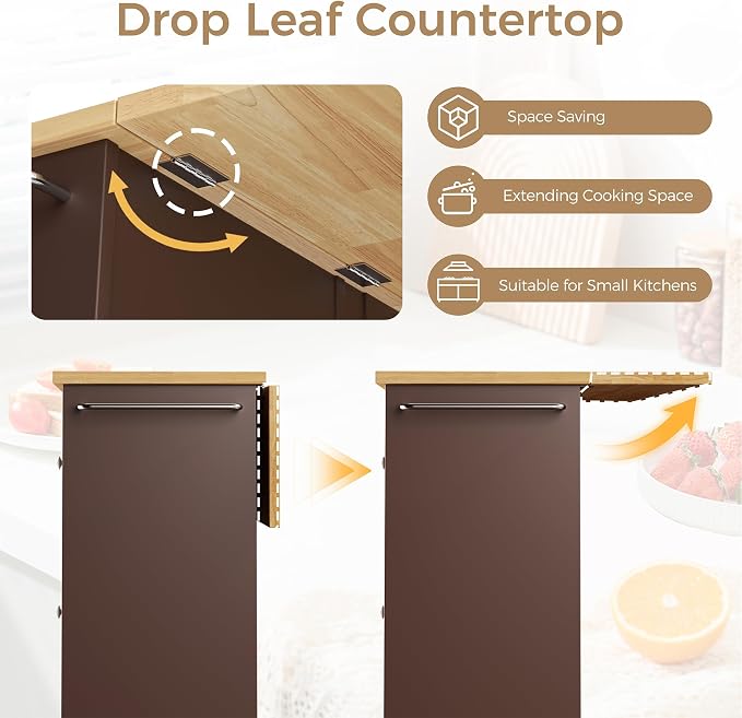 QAQA 40" Kitchen Island Cart Furniture cart on Wheels Rolling Portable Dining Room Serving Utility Carts Mobile Movable with Drawers Cabinet,Brown