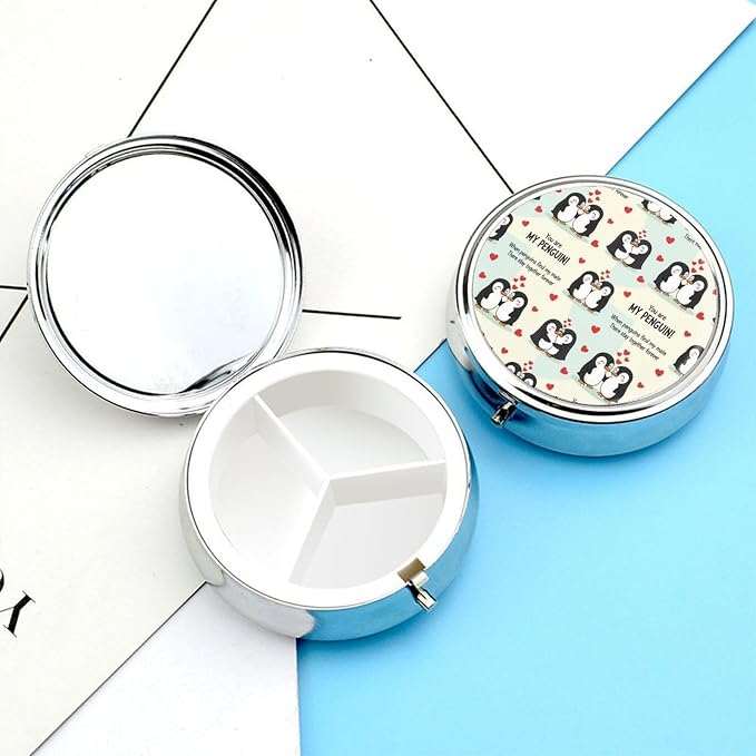 Round Pill Box, You are My Penguin Portable Travel Organizer, Metal Case with Mirror, Pocket Purse Container for Supplements