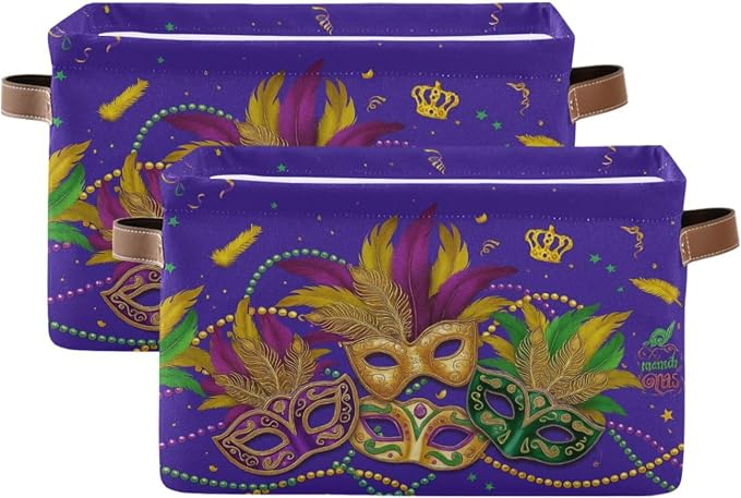 Mardi Gras Purple Storage Basket with Waterproof Liner and PU Handles Masquerade Mask Fleur de Lis Storage Bins Boxes 14.2" Collapsible Decorative Organizer Baskets for Bedroom Closet Office 2 Pack
