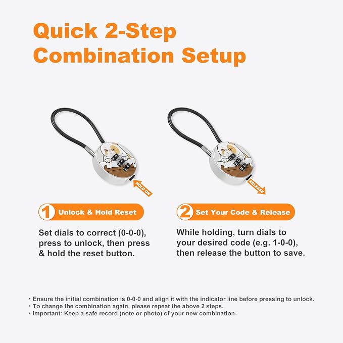 Small Combination Lock for Luggage, Gym Locker, Backpack Bag Zipper, Mini Combo Lock with Code, 5.12 Inch Steel Cable Padlock for Travel Suitcase (4-Cat, Cute)