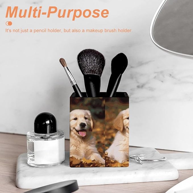 Golden Retriever Dogs Puppies Pets Square Leather Pen Holder Desk Organizer | Pencil Holder Makeup Brush Holder Storage Box for Office Home Supplies, Gift for Teacher Colleague 4.3*3*3.5 In