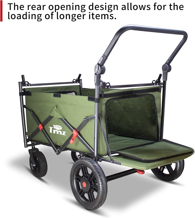 TMZ Collapsible Wagon Cart, Folding Utility Wagon with Breathable Fabric, Canopy, Expandable Storage, Adjustable Handle, Brake, Heavy Duty Cart for Walking & Camping (Green)