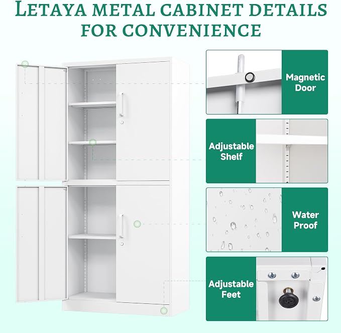 Metal Storage Cabinet with Lock Door, Adjustable Shelf Steel Cabinets for Office, Home,Pantry,Kitchen,Garage Utility Cabinet (4 Door-White)