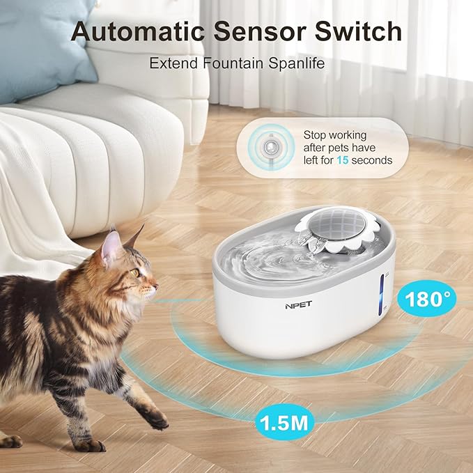 NPET Cat Water Fountain with Visible Water Level Window, White Grey 2L/67oz Automatic Pet Water Fountain with Quiet Pump, Dog Water Dispenser for Drinking (Inductor Model)