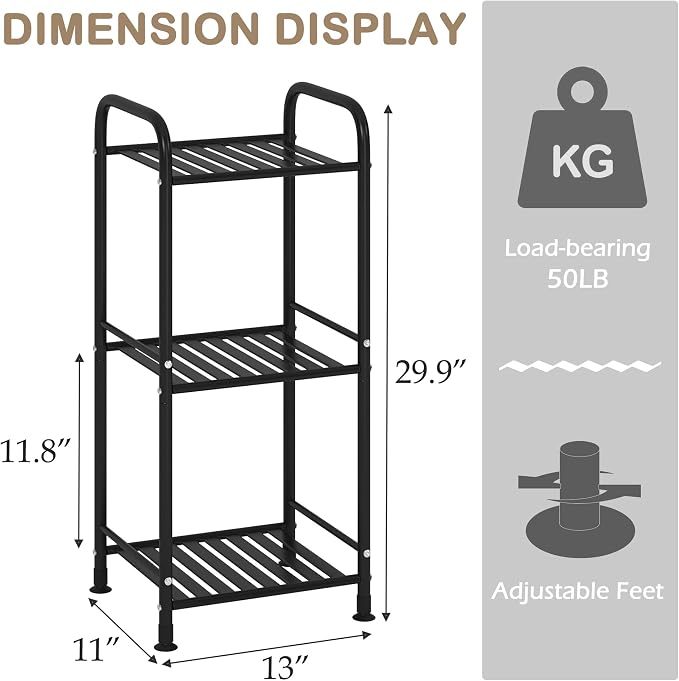 JSB 3 Tier Narrow Bathroom Shelving Unit, Kitchen Storage Rack Organizer Metal Corner Shelf for Living Room Laundry Pantry (Matte Black, 3 Tier)