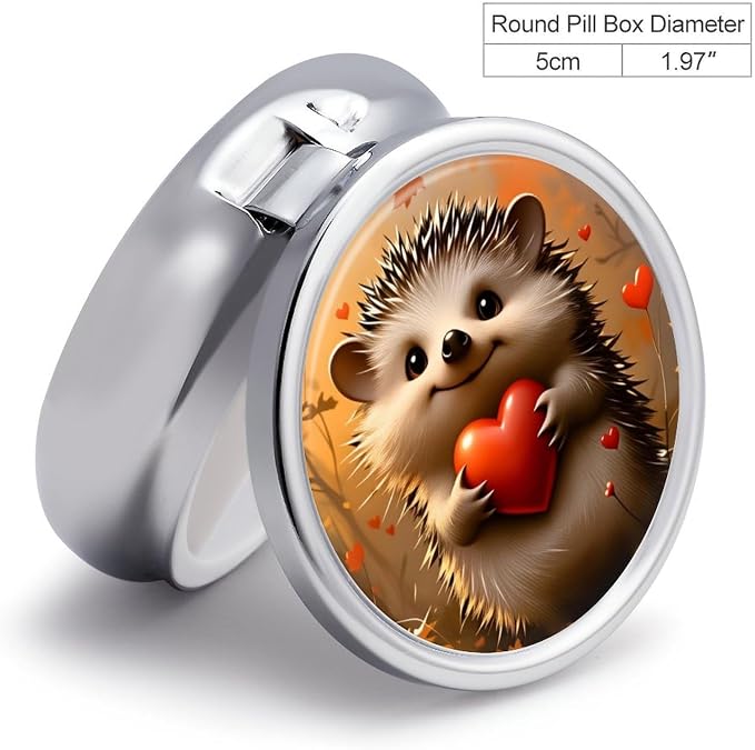 Hedgehog Heart Autumn Metal Round Pill Box, 3 Compartment Travel Organizer, Portable Pill Container with Secure Latch, 2 Inch Circular Vitamin Caddy for Pills and Vitamins, Gift for Him Her Elderly