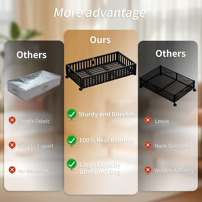 Under Bed Storage with Wheels, 2 Pcs Bamboo Drawers for Clothes and Toy | 360° wheels glide smoothly, Sturdy bamboo frames hold clothes, shoes, bedding and toys. Easy pullout access keeps rooms tidy