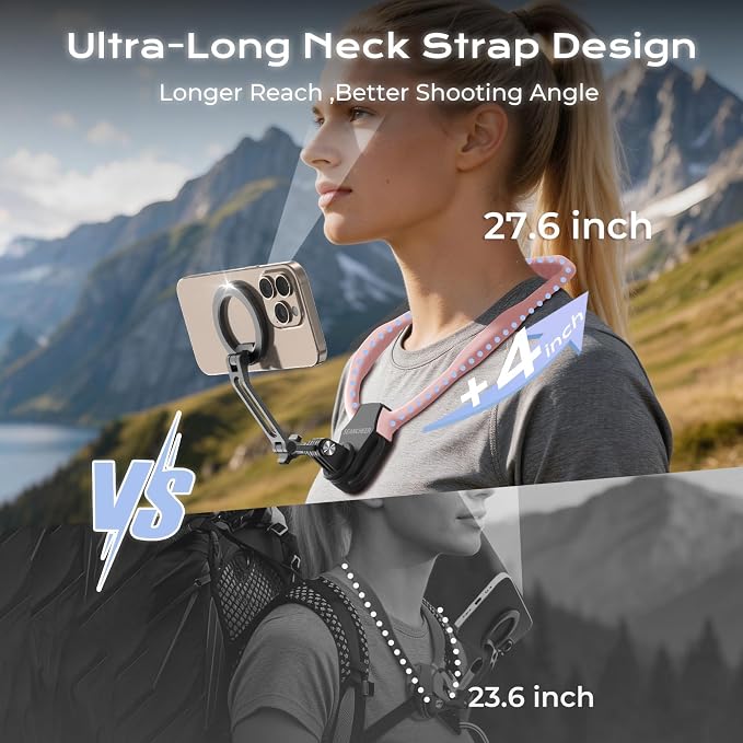 【2026 Extended Long】 Magnetic Neck Mount for Phones,Neck Phone Holder | 27.6"Hands Free Pov Phone Holder Chest Mount for iPhone17–12 & Android,Go Pro DJI,Camera Shoulder Supports