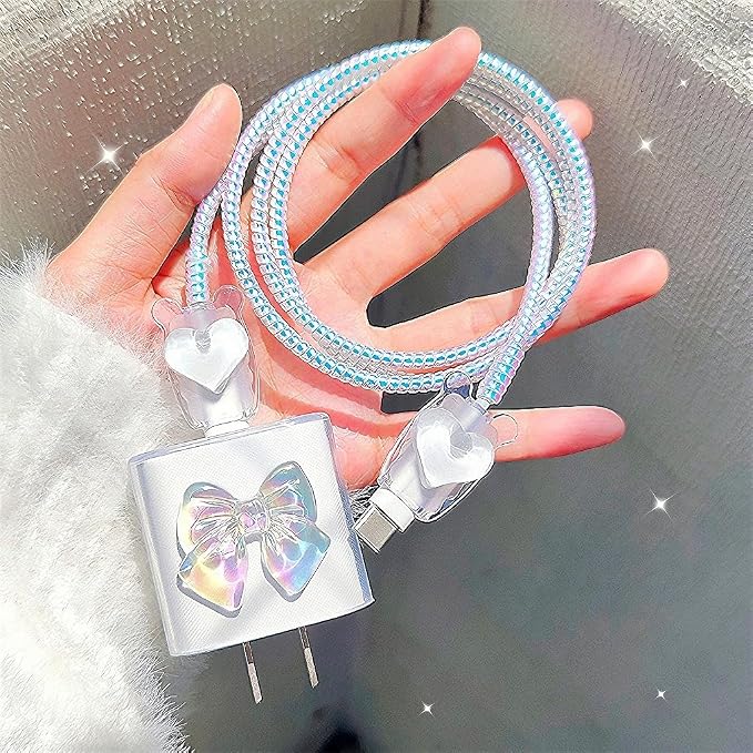 Cute Charging Cord Protector for iPhone Charger Adapter,Sparkle Bowknot Plating with 3D White Love Heart Design,DIY Soft Cable Protector Data Cable Saver for Women Girls iPad 18W/20W Charger Cover