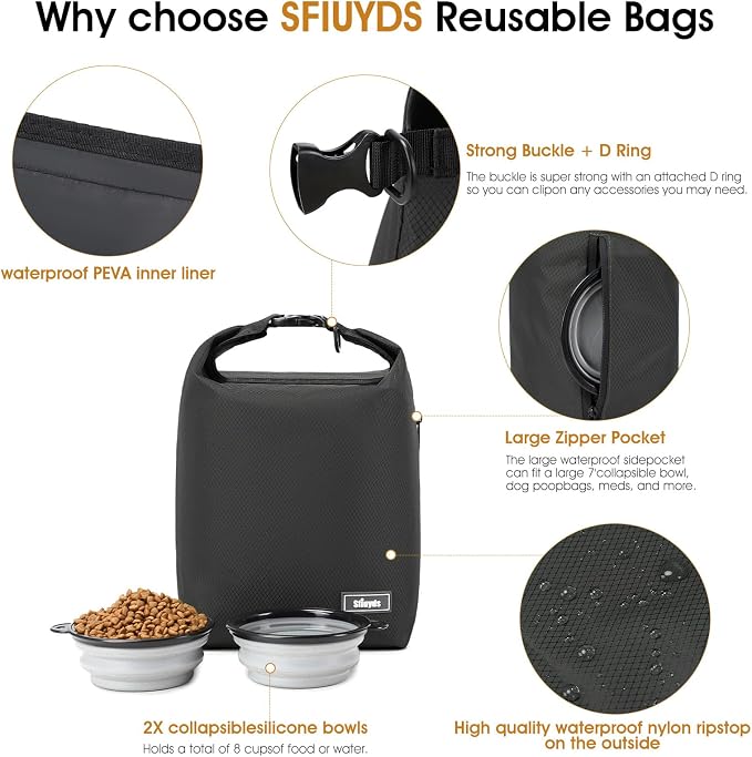 Pet Food Storage Bag Dog Food Travel Bag with 2PCS Collapsible Dog Travel Bowls Waterproof Kibble Storage Container for Road Trips Camping (Black, Small)