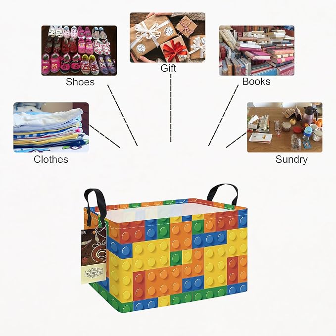 Rectangle Foldable Storage Basket Handles For Home, Colorful Blocks | Waterproof canvas material, reinforced handles, perfect for shelf use, organizes clothes, daily items and pet supplies