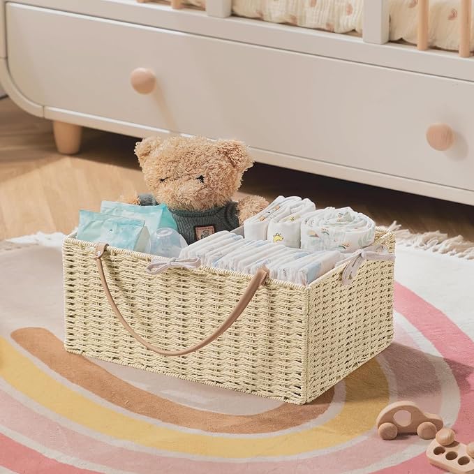 HBlife Large Baby Diaper Caddy Organizer, Paper Rope Storage Baskets Nursery Bin with Removable Divider, Portable Car Organizer for Diapers, Baby Shower Gifts, Newborn Essentials Must Haves