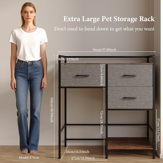 Extra Large Pet Storage Rack, Dog Food Storage Station with 3 Multi-Purpose Drawers & Side Hooks, Industrial Furniture Style Pet Supply Organizer, Fits Big Rolling Food Bins, Grey & Black