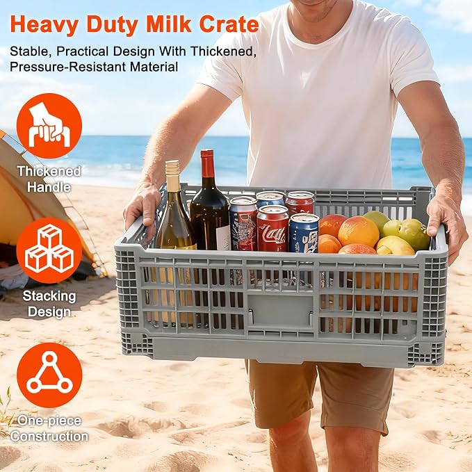 52L Collapsible Crate with Handles, Milk Crates Heavy Duty, | Hold 130 lbs Per Bin, Large Plastic Crate for Storage Items, Camping, Toy, Gardening & Trunk