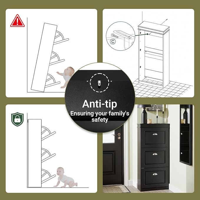 Haotian Shoe Cabinet with 3 Flip Drawers | Freestanding Shoe Rack for Entryway, Shoe Organizer with Hidden Drawer, Black, FSR94-SCH