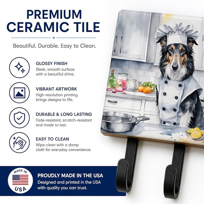 Caroline's Treasures Borzoi The Chef Leash or Key Holder Wall Hooks, Key Hooks Holder, Coat Rack Wall Mount, Coat Hooks, Hooks for Hanging Keys, Towels, Aprons, Leashes | Borzoi The Chef artwork on ceramic tile with three steel hooks for keys, leashes,...