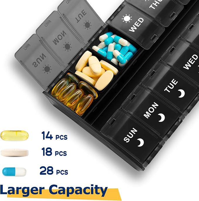 Mossime XL Pill Organizer 2 Times a Day, 7 Day Am Pm Pill Box | 7 Day AM/PM Pill Box, Hinged Lids & Secure Lock, Big Pill Box Holder Twice a Day, For Vitamins, Supplements & Medication