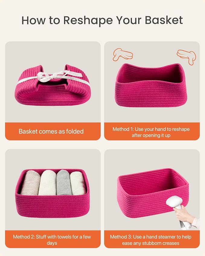 KALLAX Small Woven Storage Basket for Organizing, 12 x 8 x 4.5 inch, 3 Pack | Shelf baskets for closet organization, toy storage and home decor, Perfect as empty gift baskets for holidays, Hot Pink