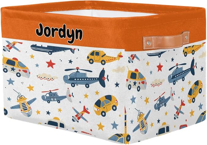Personalized Storage Basket with Name, Rectangle Toys Storage Bin with Handles for Baby, Boys, Girls, Collapsible Basket for Clothes, Books, Cartoon Planes Car Taxi
