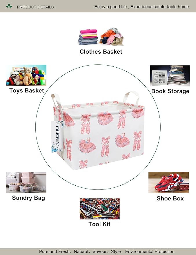 Rectangular Pink Ballerina Storage Bin,Closet Organizer Basket | Waterproof,reinforced handles,foldable bin holds apparel,dance gear, sundries & belongings for teen-girl bedrooms