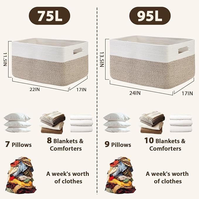 Optish 95L Large Woven Blanket Basket, Storage Basket with Handles | Sturdy Cotton Rope Basket Organizer Blanket, a lot of Toys, Comforter, Pillows, Bedroom, Living Room, Bathroom, Easy to Carry