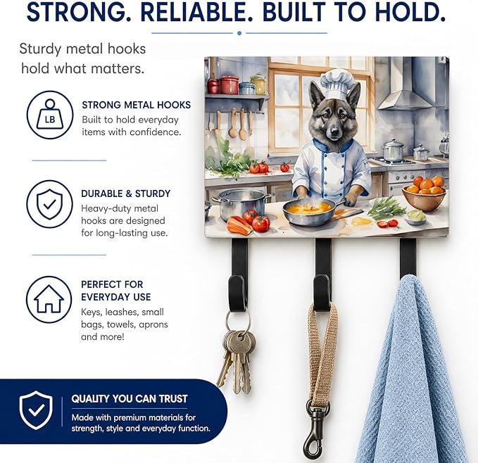 Caroline's Treasures Norwegian Elkhound The Chef Leash or Key Holder Wall Hooks, Key Hooks Holder, Coat Rack Wall Mount, Coat Hooks, Hooks for Hanging Keys, Towels, Aprons, Leashes | Norwegian Elkhound The Chef artwork on ceramic tile with three steel ...