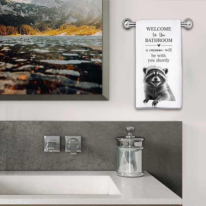 KIDEAR Funny Raccoon Bathroom Decor Welcome to The Bathroom Hand Towel,1 PCS Cute Raccoon Kitchen Towels for Toilet Wall Decorations,Cute Animal, Gifts for Women, Pet Owners Housewarming - A01