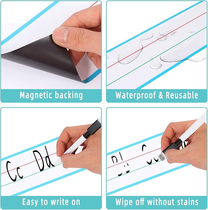 4 Sheet 14.2×4.1inch Dry Erase Magnetic Sentence Strips for Classroom Whiteboard & Fridge Handwriting Lined Paper for Home Teacher Must Haves Word Alphabet Practice Tool
