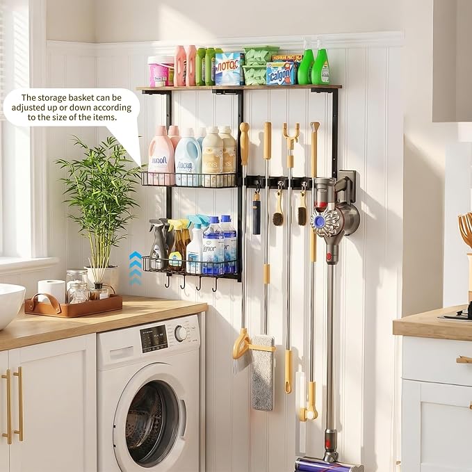 Broom Holder Wall Mount，With A Storage Basket Cleaning Tool Storage Rack | Multifunctional Broom And Mop Organizer Wall Hanger,Suitable Laundry Room 、Garage 、Kitchen Wall-mounted Storage Rack （Black）