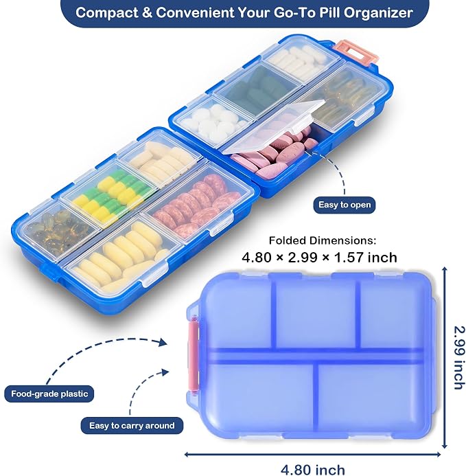 Extra Large Pill Organizer with 161 Medicine Labels, Travel Pill Case | Blue Extra large case with 10 compartments for 7-day pill planning, vitamins, supplements, and travel
