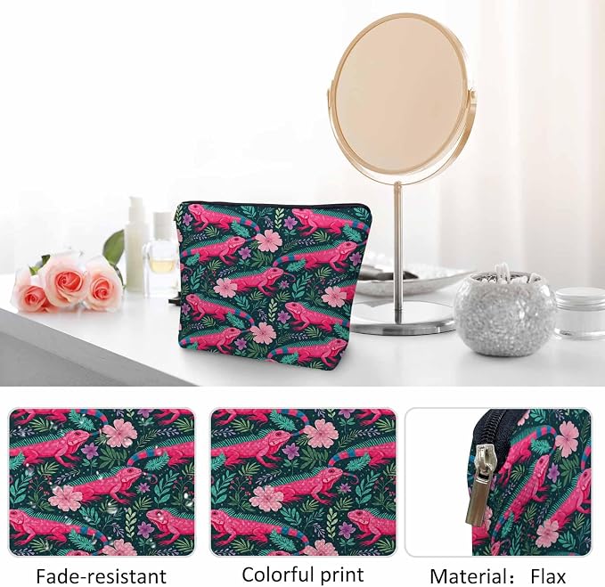 Lizard Cosmetic Travel Bag For Toiletries, Tropical Animal Floral Lizard Makeup Bag Toiletry Bags For Women, Flax Cosmetic Bags Make Up Bag Purse Toiletries Bag Birthday Gift