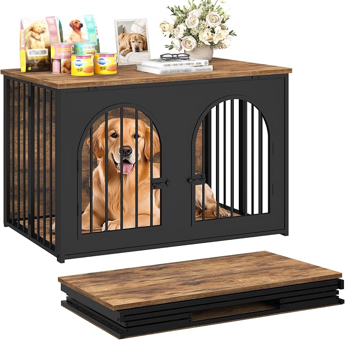 YATINEY 37.4" Dog Crate Furniture Foldable, Assembly-Free Dog Kennel | Arched Design, Collapsible Dog Crate, Dog Cage End Table, with Secure Door Lock, for Living Room, Hallway, Bedroom