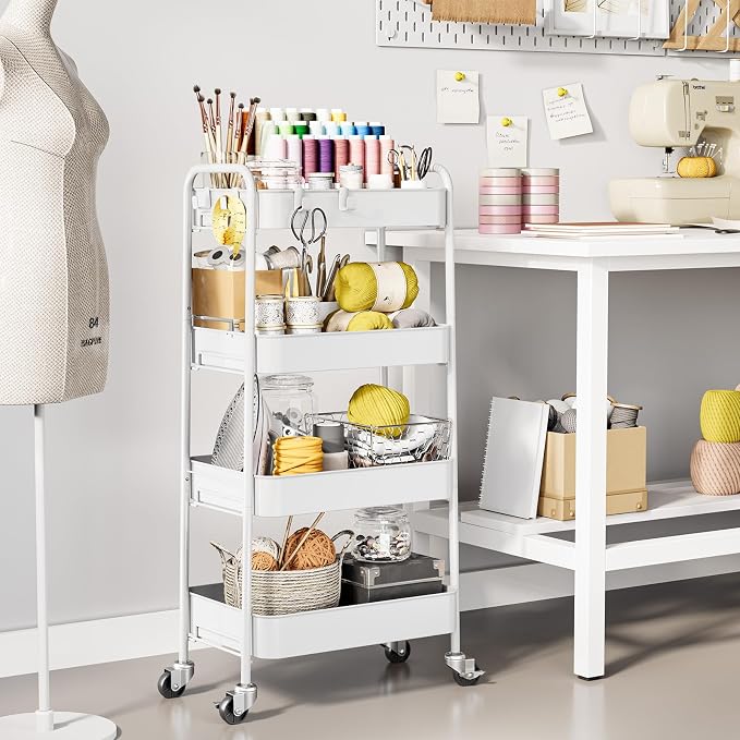 TOOLF 4 Tier Metal Rolling Cart, Utility Storage Cart with Wheels, White | Screwless Assembly, Lockable Metal Wheels, Trolley Organizer for Bathroom, Kitchen, Office, Dorm, Laundry, Craft Room