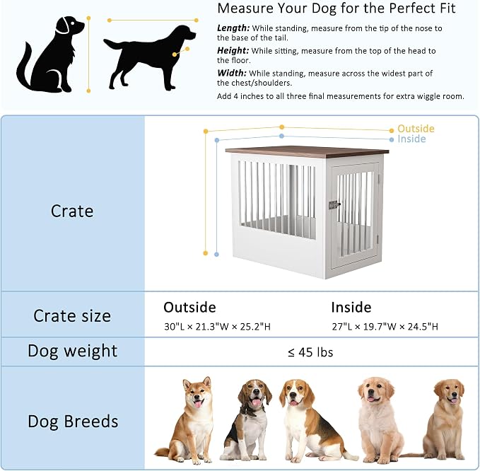 30" Wooden Dog Crate Furniture,Medium Kennel Pet Cage End Table for Indoor | for Small Medium Dogs, White and Wood, Fits Living Room Bedroom, Heavy Duty Steel Frame with Lock 45 lbs Cap, 100 lbs Top.
