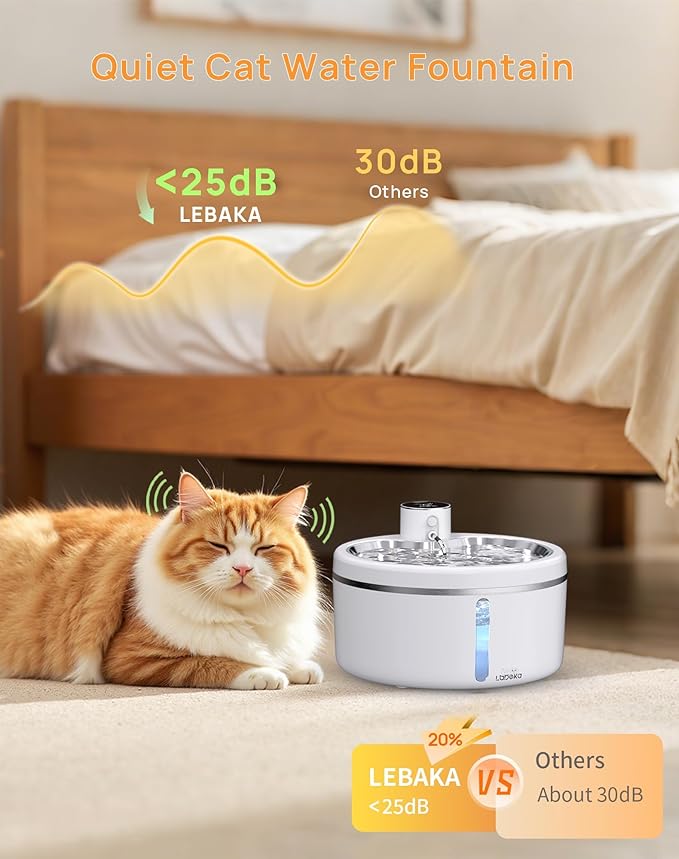 Wireless Cat Water Fountain [with Stainless Steel Tray], 84oz/2.5L Pet Fountain for Cats Inside, Cat Fountain for Drinking with Motion Sensor, Ultra Quiet for Small Animals-[BPA-Free]