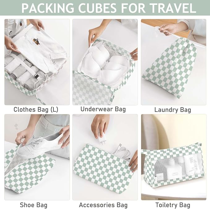 KPX 8 Set Packing Cubes for Travel, Luggage Packing Organizers Accessories Large Toiletries Bag for Clothes Shoes Cosmetics (8Set-Green Checkered)