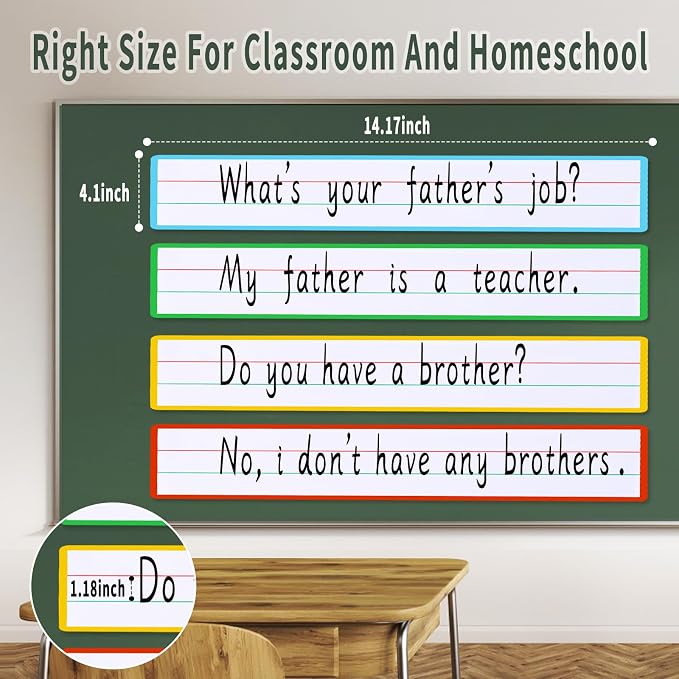 4 Sheet 14.2×4.1inch Dry Erase Magnetic Sentence Strips for Classroom Whiteboard & Fridge Handwriting Lined Paper for Home Teacher Must Haves Word Alphabet Practice Tool