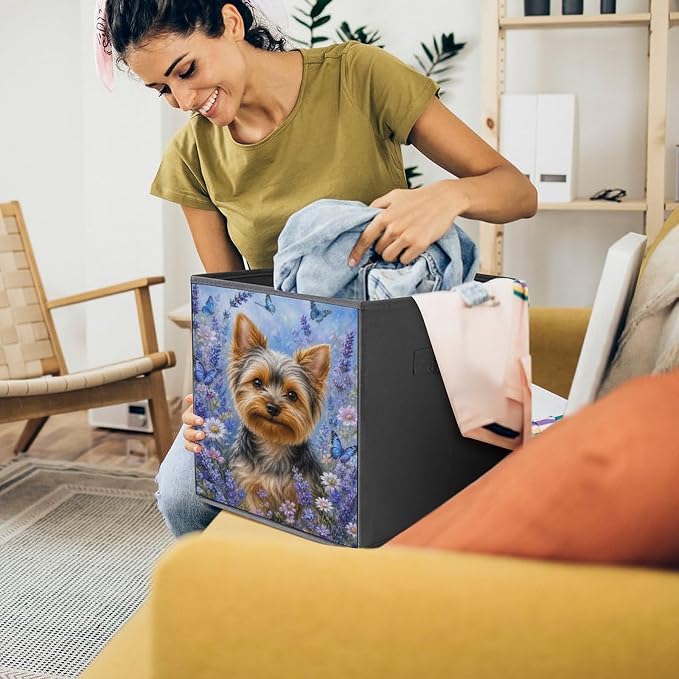Yorkie Dog Lavender Butterflies Garden Storage Bin with Handles, Oxford Fabric Foldable Storage Cube Organizer for Clothes, Towels, Bedroom, Living Room, Home Organization