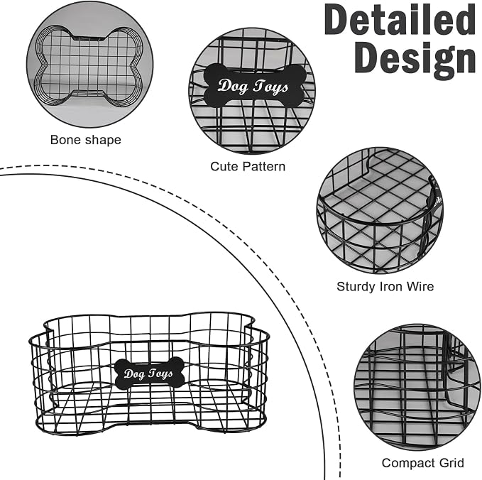 Metal Dog Toy Basket,Iron Wire Dog Toy Bin,Dog Bone Shaped Basket,Puppy Toy Stuff Organizer,Sturdy Dog Storage for Dog Toys,Harness,Leash,Blanket,Snacks,Accessories-Black